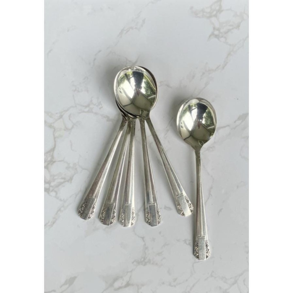 6 Oneida Silver Park Lane Round Bowl Soup Spoon (Gumbo) 6 7/8" Vtg Art Deco